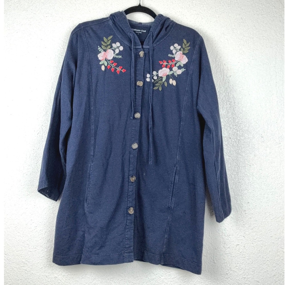 Coldwater Creek Navy Button Hoodie - L - Floral Embroidered Cottagecore Boho